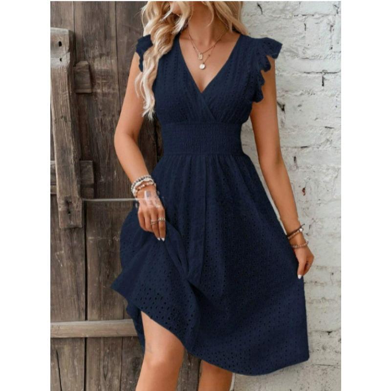 Women's Ruffle Sleeve Hollow Out Dress Elastic Waist V Neck Midi Sundress Casual Summer Party Dress