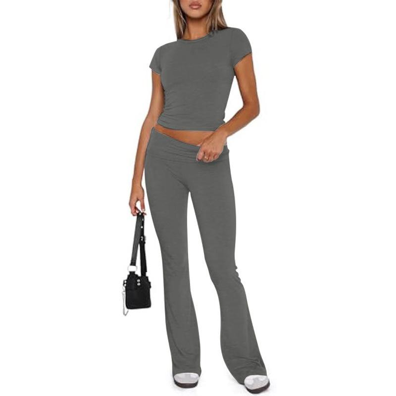 Damen Freizeit Zweiteiler Set Langarm Rundhals Crop Top Hohe Taille Schlaghosen Gestrickt Einfarbig Loungewear Passendes Outfit Set