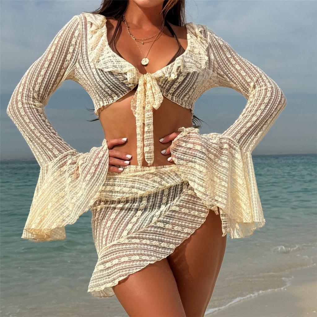 4PCS Halter With Sarong Long Sleeve Bikini Female Swimsuit Women Swimwear Four-pieces Bikini Set Bather Bathing Suit Swim V6338B
