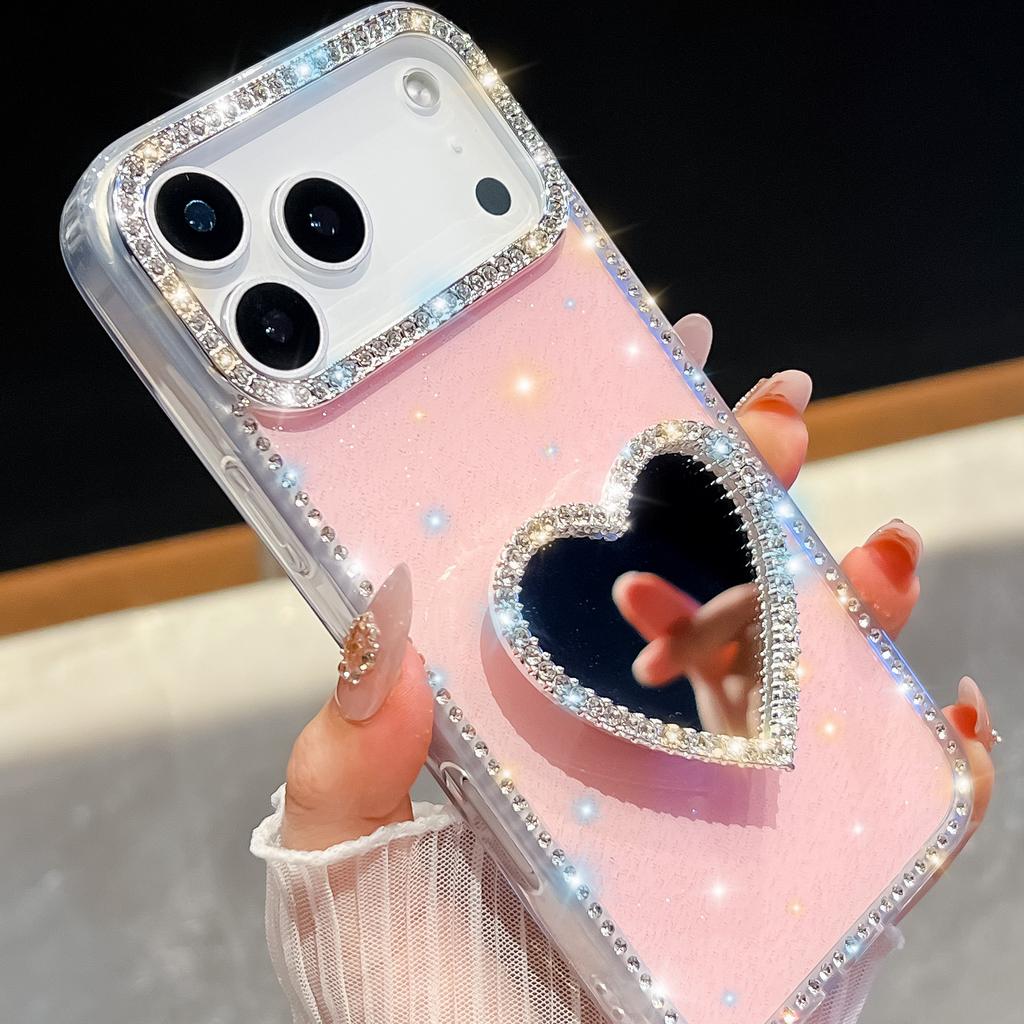Diamond Frame Glitter Clear Phone Case For Iphone 16 Plus 15 14 13 Pro Max 16e 16promax 15promax 3D Love Heart Mirror Holder