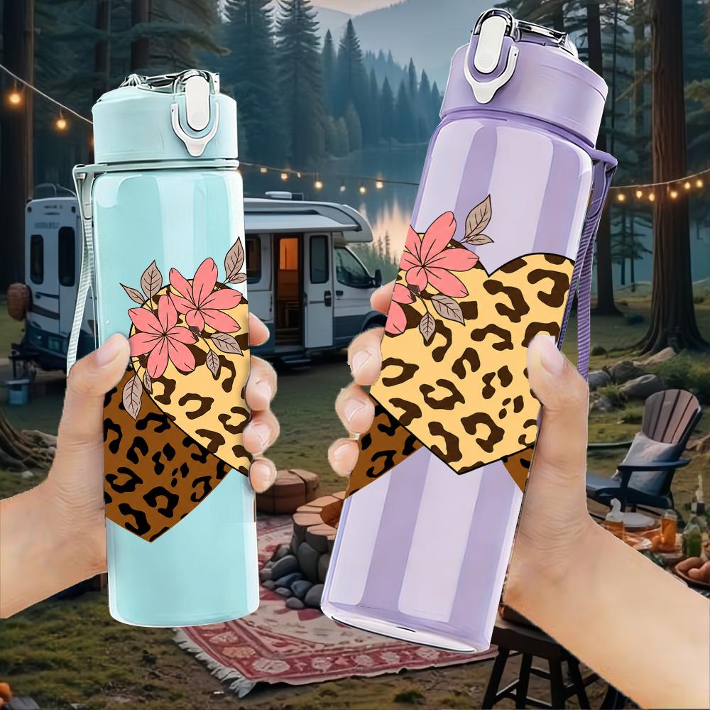 1PC Triple Leopard Heart 750ml Color Plastic Sports Water Bottle Leakproof Flip Straw Lid Suitable for Sports Office Home Use