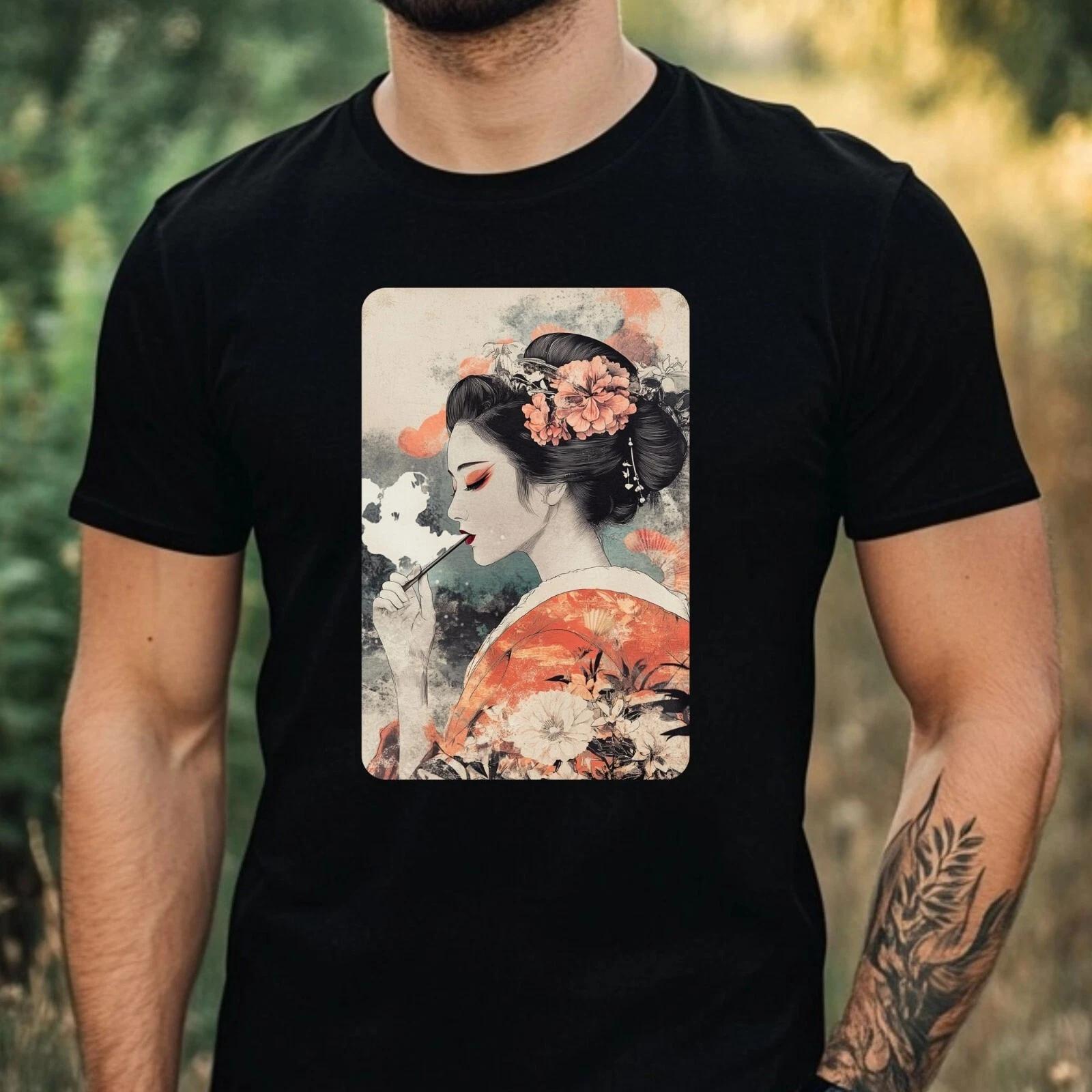 T-Shirt Herren Geisha Raucht Motiv Baumwolle Größe XS bis 5XL L
