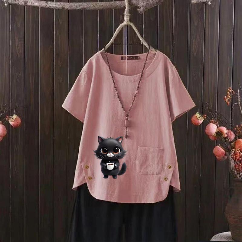 Cat Print V-neck Cotton Hemp T-shirt for Women - 2025 Summer Chic & Versatile
