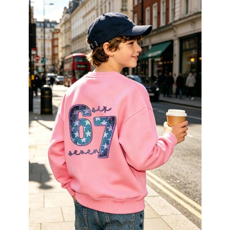 Unisex Kids Sweatshirt, Back Print Star Gradient Number 67 Six Seven Long Sleeve Pullover, Boys Girls Casual Sweatshirt For Kids Over 4 Years Old