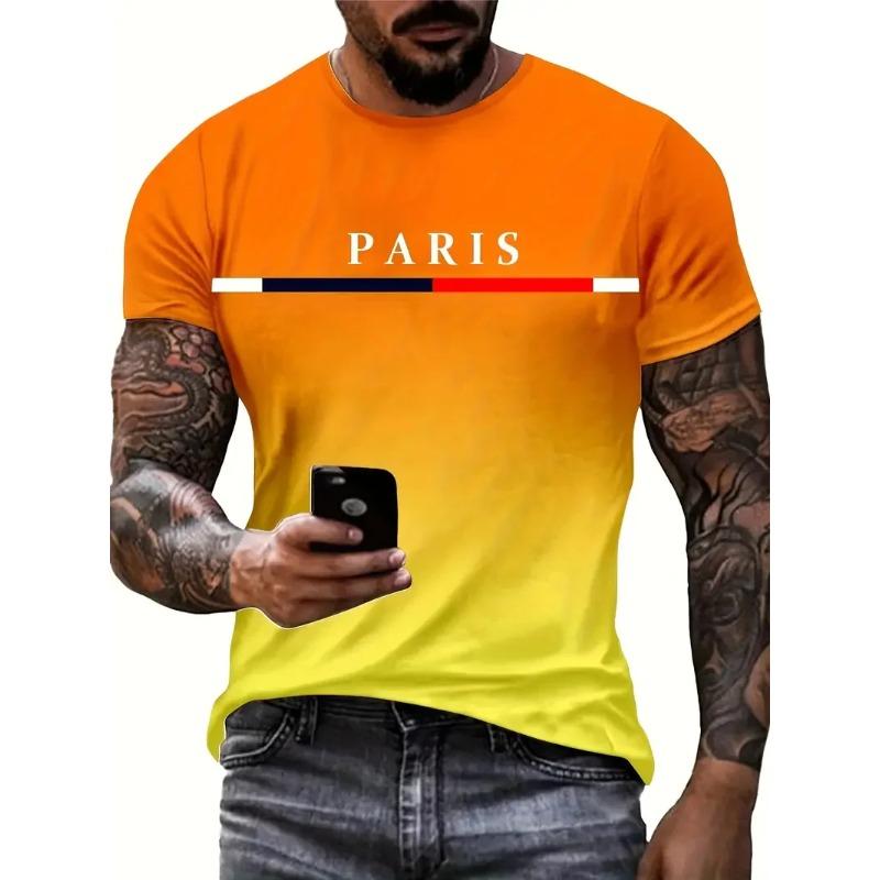 Summer Men's Gradient Paris Letter 3D Printed T-shirt Casual Round Neck Short Sleeve Comfortable T-shirt