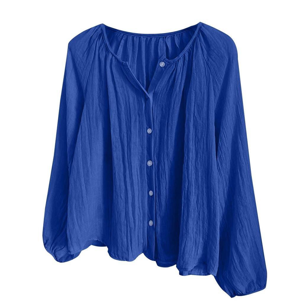 Womens Long Sleeve Button Down Blouse Lightweight Crinkled Fabric Casual Loose Fit Shirt with V Neck Design for Daily Wear
