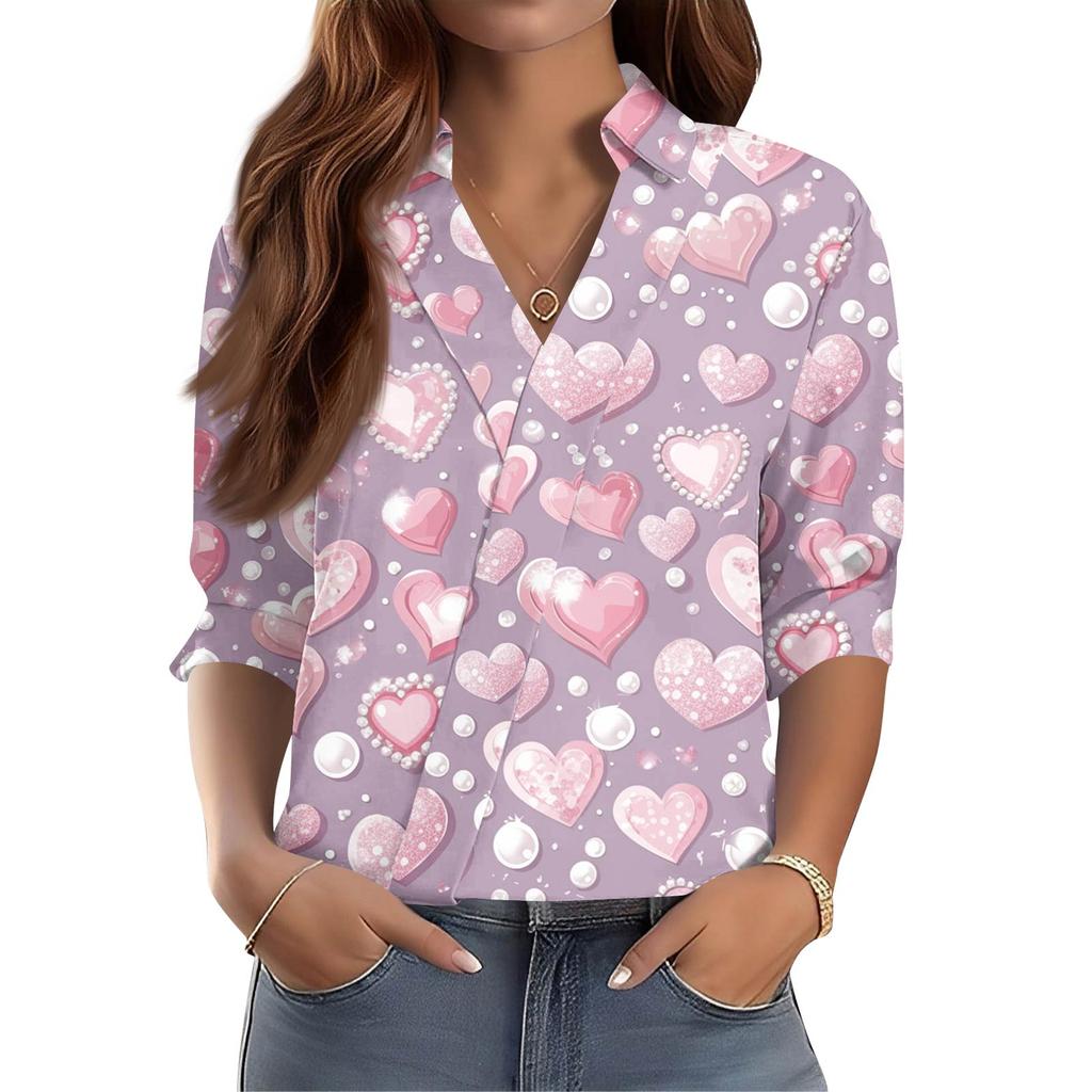 Women's 3/4-Sleeve V-Neck Shirt Printed Workwear Casual Regular Shirt Collar Top