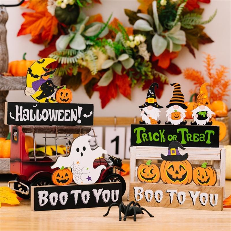 2Pcs Creative Halloween Gnomes Pumpkin Witch Figurines Wooden Block Table Sign For Festives Home Shelf Tiered Tray Decors