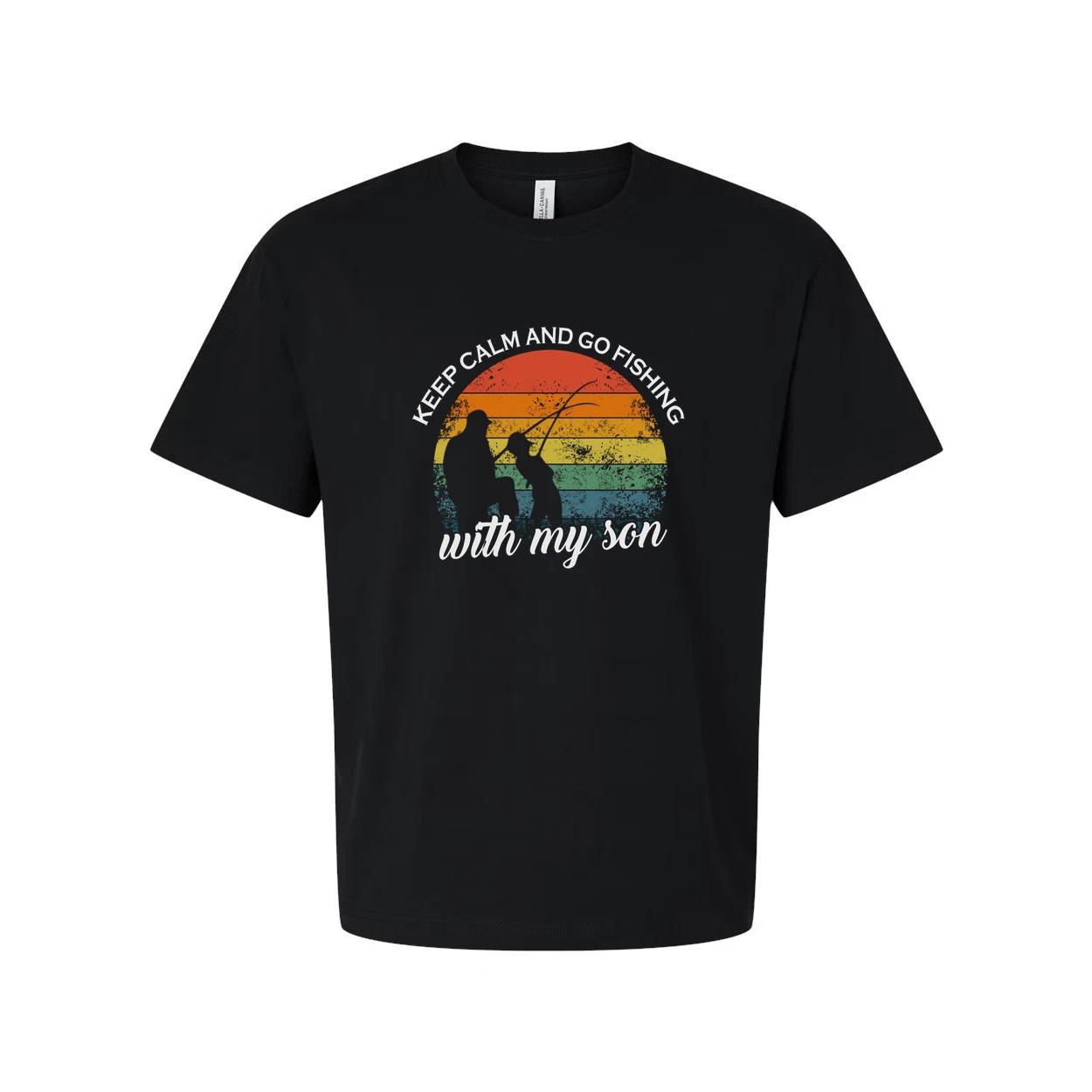 

Keep Calm And Go Fishing With My Son Vintage Rainbow Illustration Graphic Tee Fo L