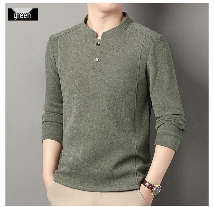 Men's Stand Collar Fleece T-shirt: Chinese Style, Long Sleeve, Thickened Velvet, Warm Casual Sweatshirt for Autumn/Winter.