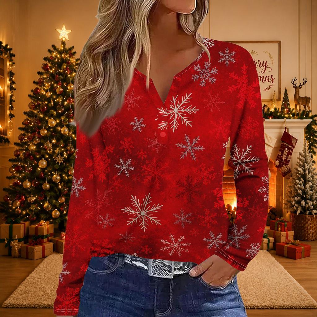 Women's Casual Christmas Print V-Neck Long Sleeve T-Shirt with Button