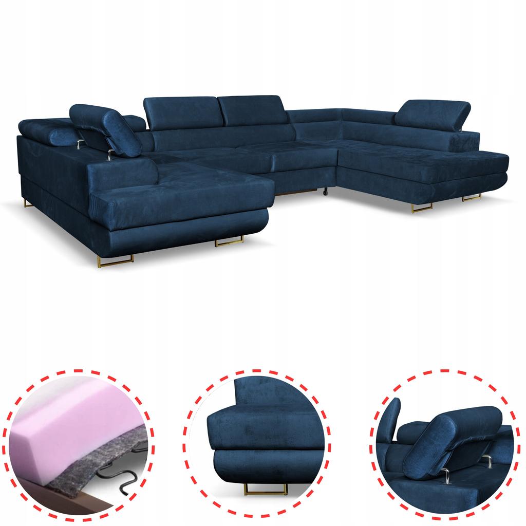 U-shaped Corner Sofa Bed, Extendable F. Bosso Family Sleeping Furniture Navy Blue Velvet