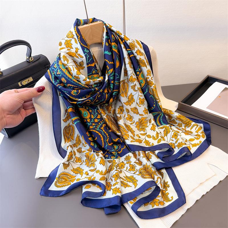 Printed Imitation Silk Brocade Fashion Sunscreen Retro Style Silk Scarf Long Scarf Shawl Versatile Headscarf Scarf