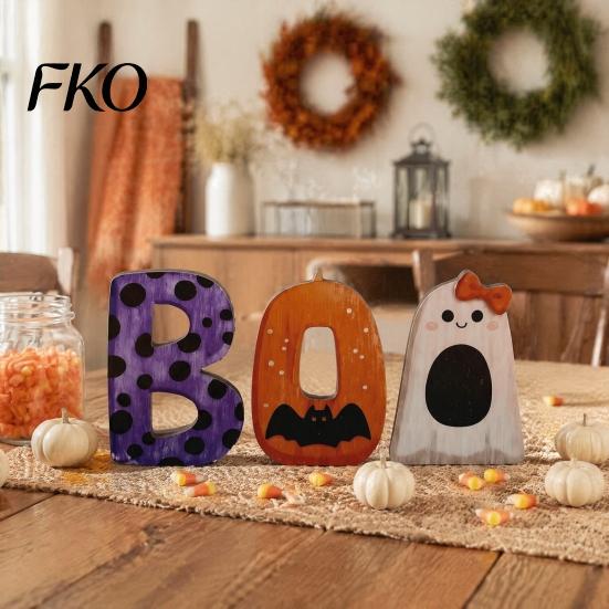 Tiered Tray Seasonal Decor Halloween Wooden BOO Ornaments, Lettering Decorations, Rustic Bat Pumpkin Ghost Freestanding Wood Block Set Table Signs for