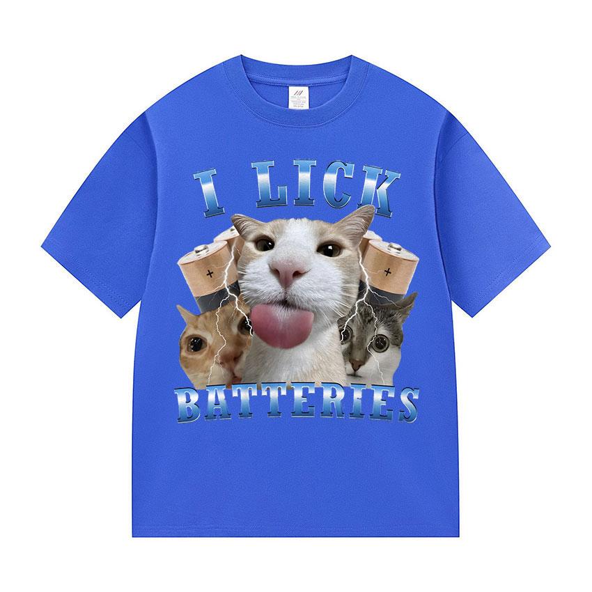 I Lick Batteries Funny Cat Meme Tshirt Men's Women Kawaii Cat Lover Gifts T-shirt Summer O-Neck High Quality 100% Cotton T-shirt
