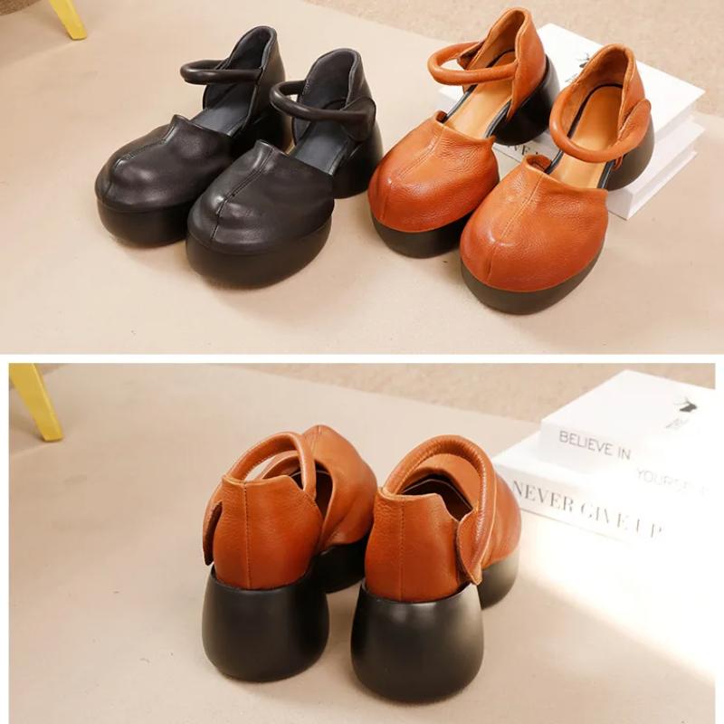 Johnature Sandálias vintage de couro legítimo bico redondo cor sólida sapatos plataforma femininos versáteis