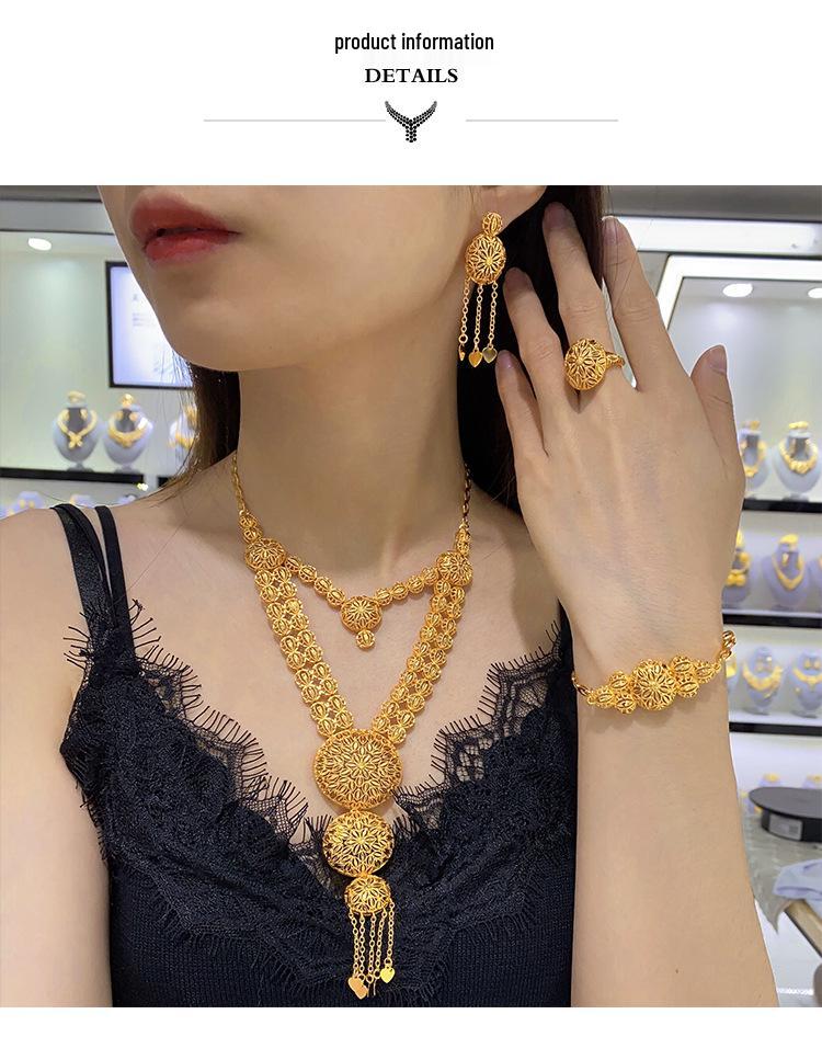 Dubai 24K Gold Jewelry Set: Wedding Necklace, Bracelet, Earrings, Ring - Arab Bride Collection