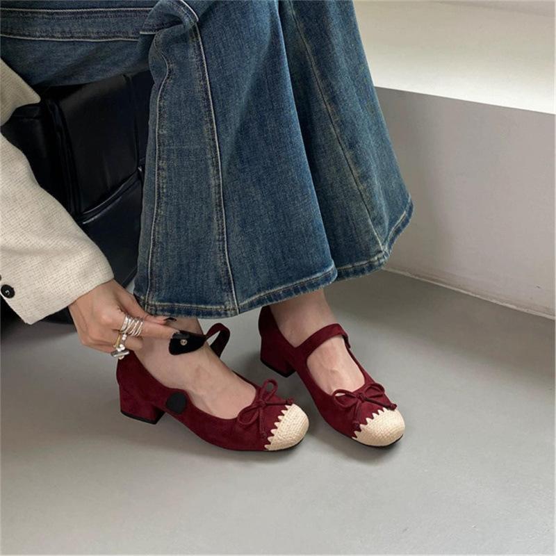 French Small Fragrant Splicing Round Head Thick Heel High Heel Single Shoes Temperament Versatile Commuter Mary Jane Shoes