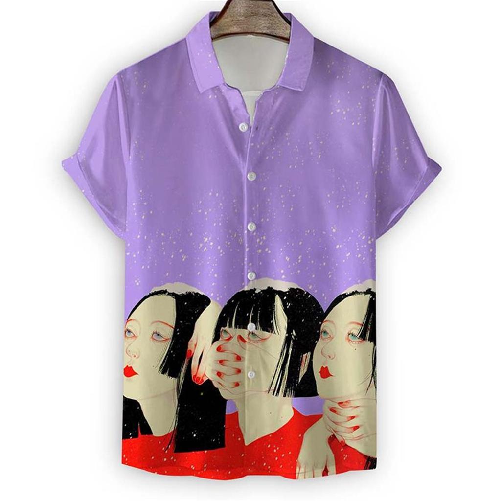 Men's Shirt Art Oil Painting Print Men's Lapel Top Hawaiian Casual Comfortable Large Size Loose Men's Short Sleeve Shirt
