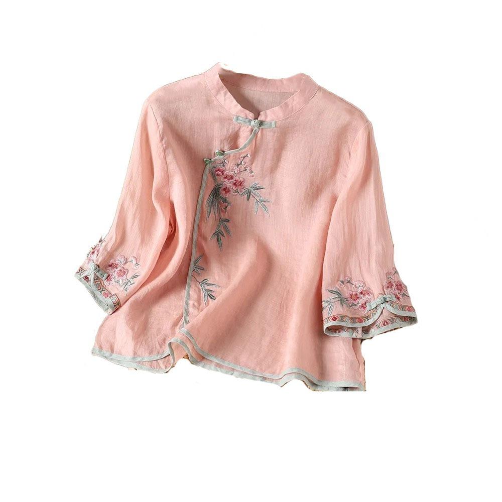 Chinese Style Embroidered Floral Top Retro Ethnic Style Top Short Sleeved Shirts  Spring/Summer M розовый