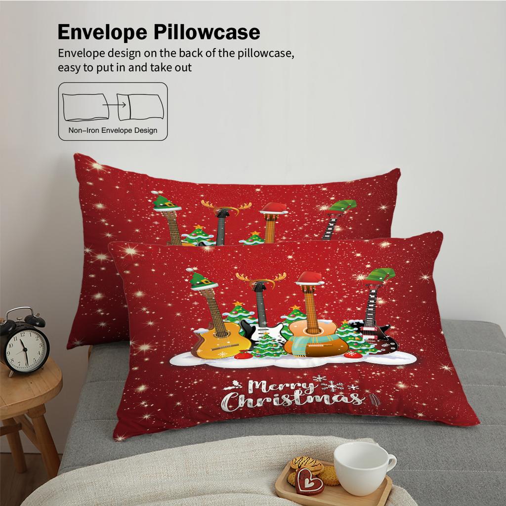 3pc Christmas Music Guitar Print Red Chipless Bedding Set Soft and Comfortable Bedroom Dormitory Multiple Sizes Machine Washable