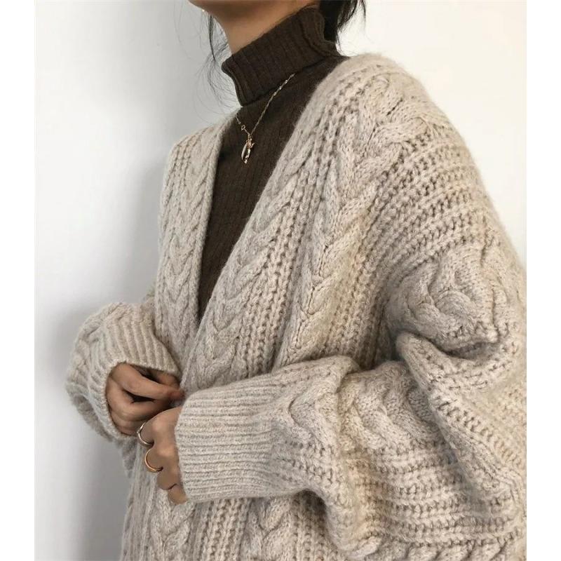 Knitted Cardigan for Women's Autumn and Winter Retro Lazy Loose Mid-length Fashion Twist Sweater Jacket