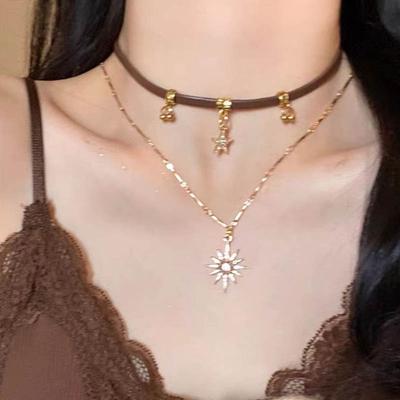 Octagonal Star Necklace Leather Pendant Necklace Women's Unique Design High-End Collar Lockbone Chain
