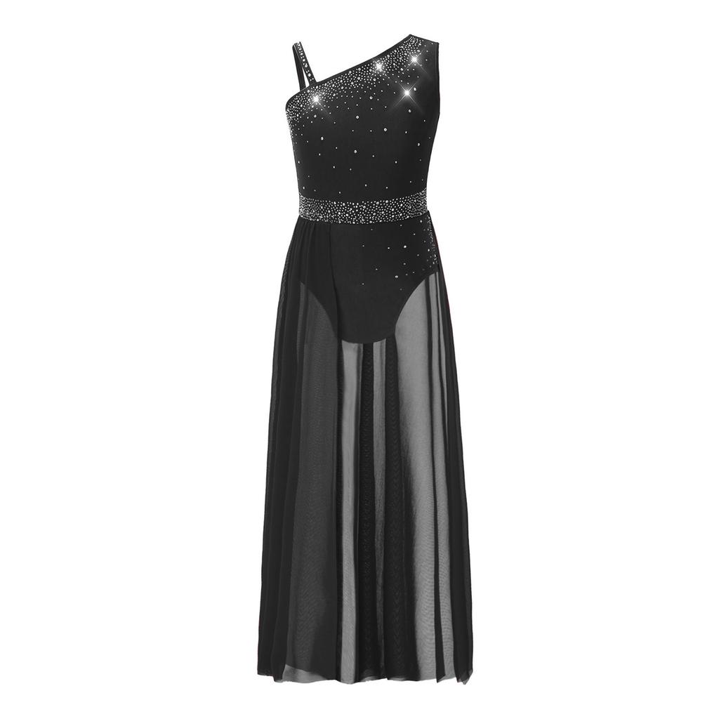 Girls Glittery Lyrical Dance Costume Colorful Rhinestones Asymmetrical Shoulder Sleeveless Sheer Mesh Skirted Leotard