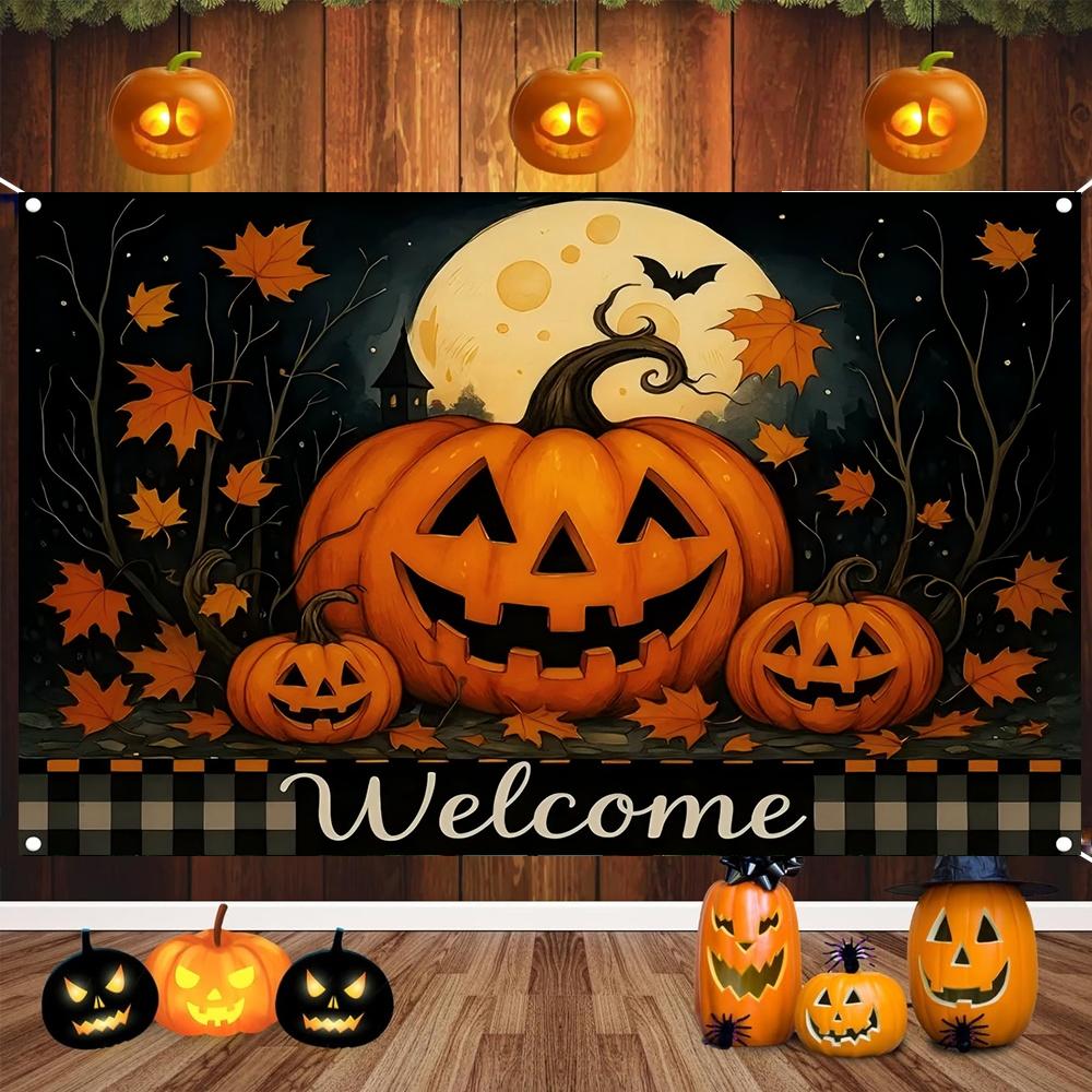 1pc Halloween Background Cloth Banner - Gothic horror durable polyester background cloth featuring skull clown witch pumpkin 100x150cm