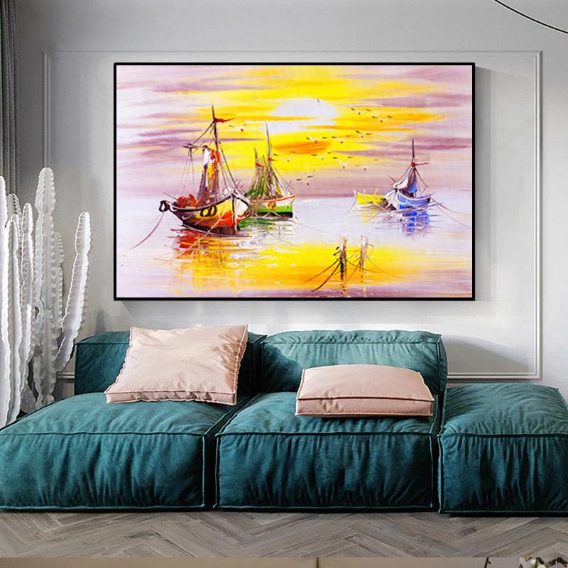 Sun and Ocean Boat Painting Poster Printed On Canvas, Living Room Wall, Pop Art Home Decoration