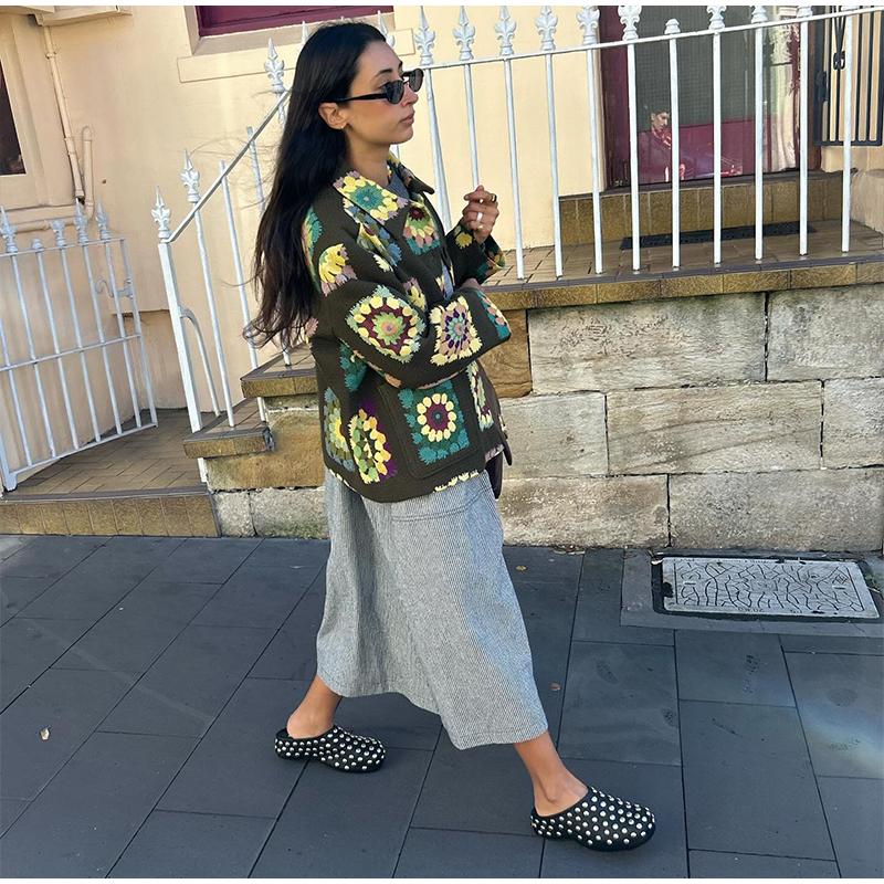 Jacquard Short Jacket Embroidery Thickened Warm Women Patchwork Lapel Short Coat Large Size Long Sleeve Loose Casual Outwear Retro Style Autumn