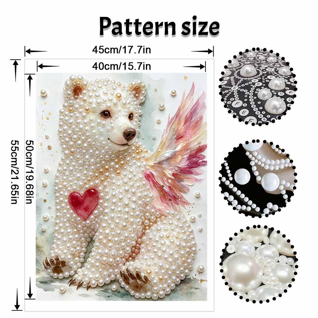 Relaxing DIY Pearl Painting Kit Framed with Winged Bear Heart Design 5D Sparkling Bead Canvas Craft for Girls Bedroom Decor Gift