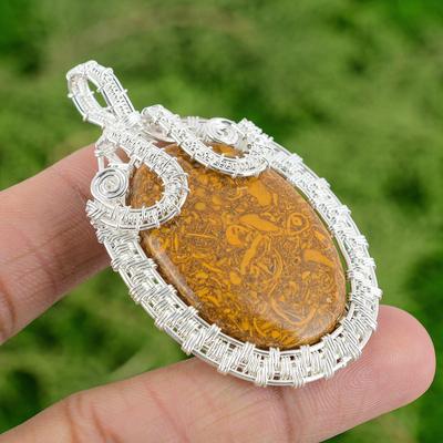 Oval Mariam Jasper Gemstone Sterling Silver Boho Wire Wrapping Pendant Jewelry