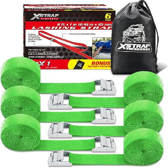 XSTRAP STANDARD Padded Cam Lock Buckle 6PK 8FT Powersports Tie-Downs Black Lashing Straps, Come With A Drawstring Bag, For Securing Cargo, Luggage,