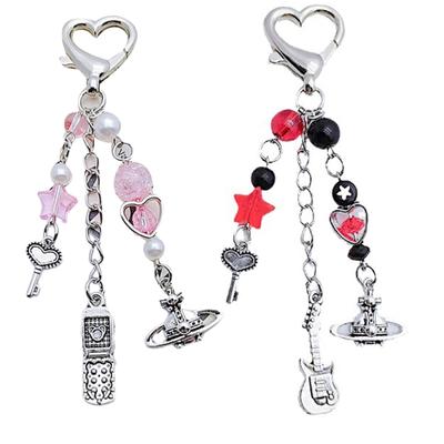Handmade Phone Lanyard with Beads Y2K Heart Pendant Phone Lanyard Sweet Cool Heart Star Keychain Phone Chain Jewelry