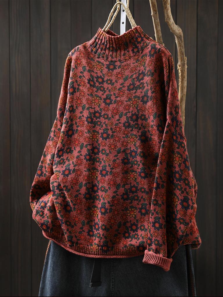 Women's High Neck Floral Print Sweater, Plus Size, Relaxed Fit, Stylish Autumn/Winter 2025 Collection.