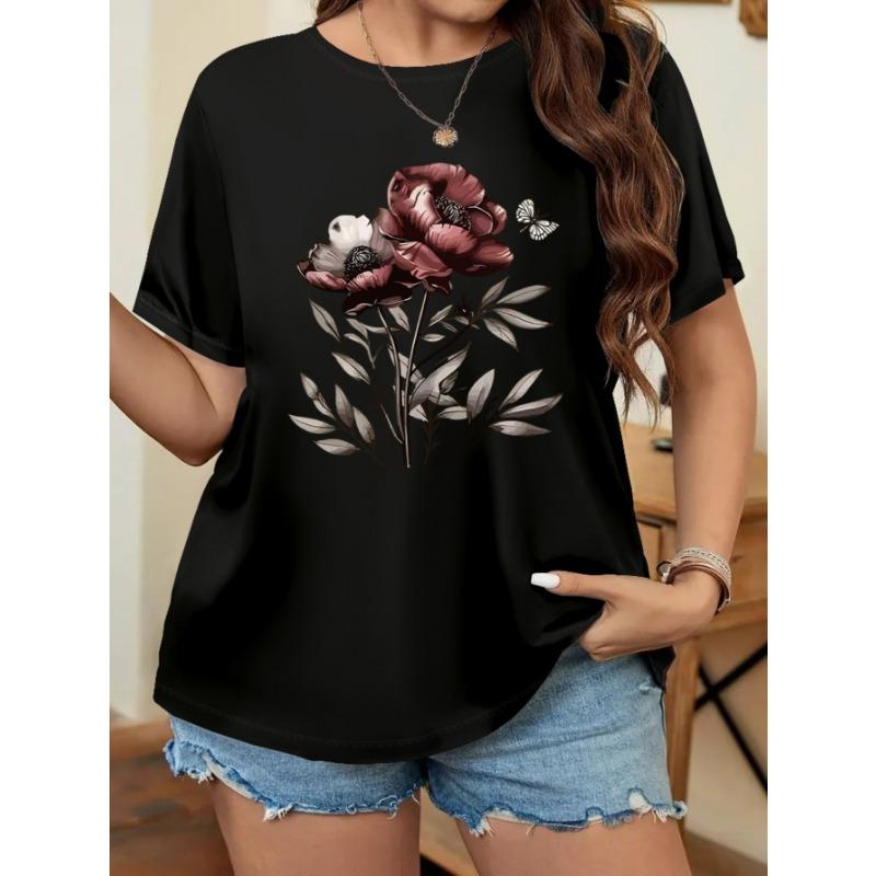 Women s Large Size Short Sleeve T-Shirt Summer Women s Flower Front Print Large Size Short Sleeve T-Shirt Top S