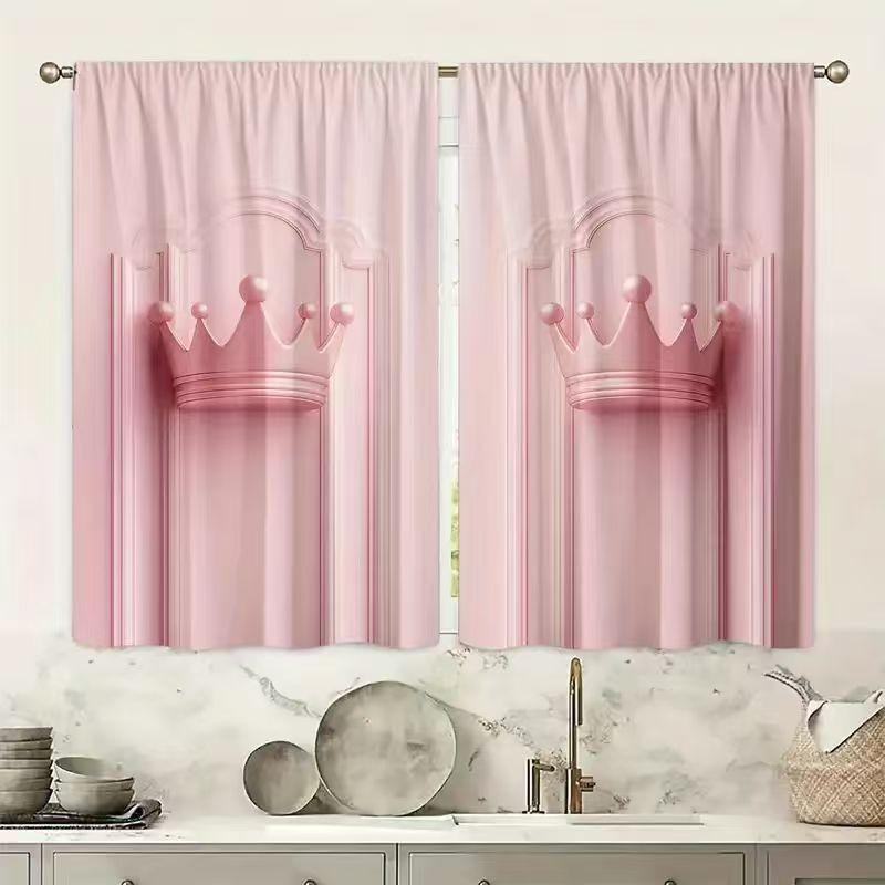Set Of 2 Pink Crown Design Polyester Fabric Window Curtains Home Decor Curtain Made