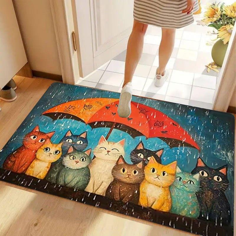 Animal Print Throw Blanket Absorbent Doormat Non Slip Area Rug Cartoon Cat Design For Home Entryway Decor