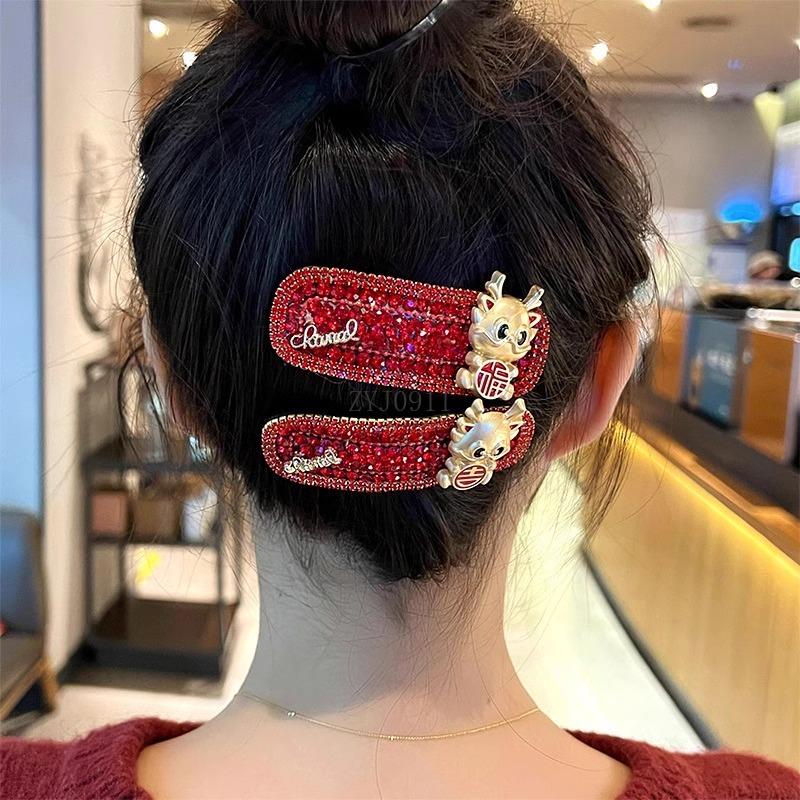 Fashion Animal Zodiac Dragon Hair Clip New Year Headwear Chinese Style Red Rhinestone Hairpin Headdress Hair Accessories Female