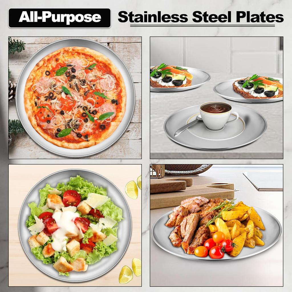 10-Piece Stainless Steel Dinner Plates, Round Salad Dessert Plates, Serving Plate for Home Kichten, Outdoor Camping, Snack, Pizza and BBQ