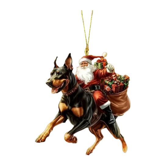 Santa Claus Dog Christmas Ornaments Funny Santa Claus Riding Puppy Ornaments 2D