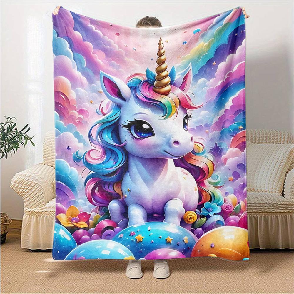 1pc Unicorn Rainbow Soft Warm Throw Blanket Nap Blanket For Couch Sofa Office Bed Camping Travel,Comfortable
