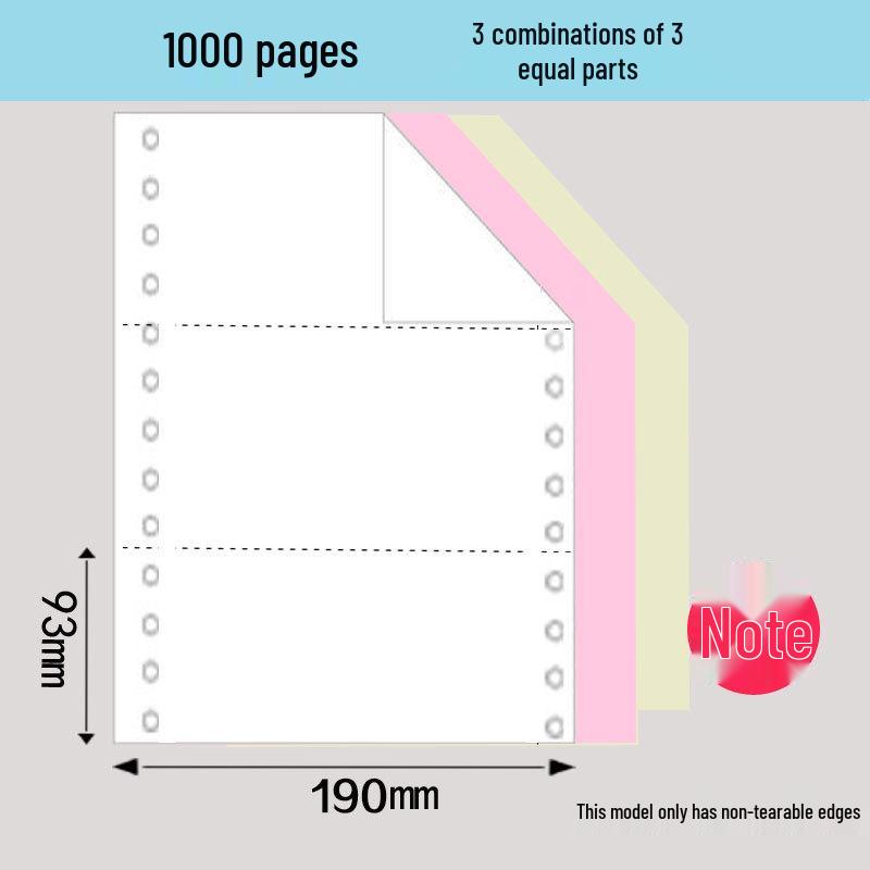 1000 Pages 190-2345 Dot Matrix Three-Part Color Continuous Receipt Paper with Two-thirds/One-third Split