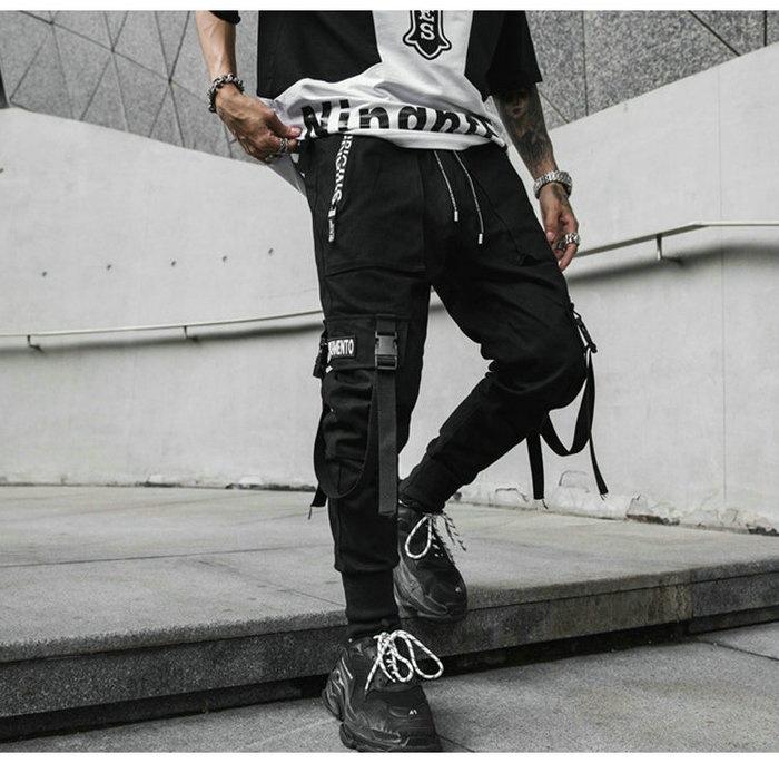 Hip Hop Joggers Men Black Multi-pocket Ribbons Man Sweatpants Streetwear Casual Mens Pants