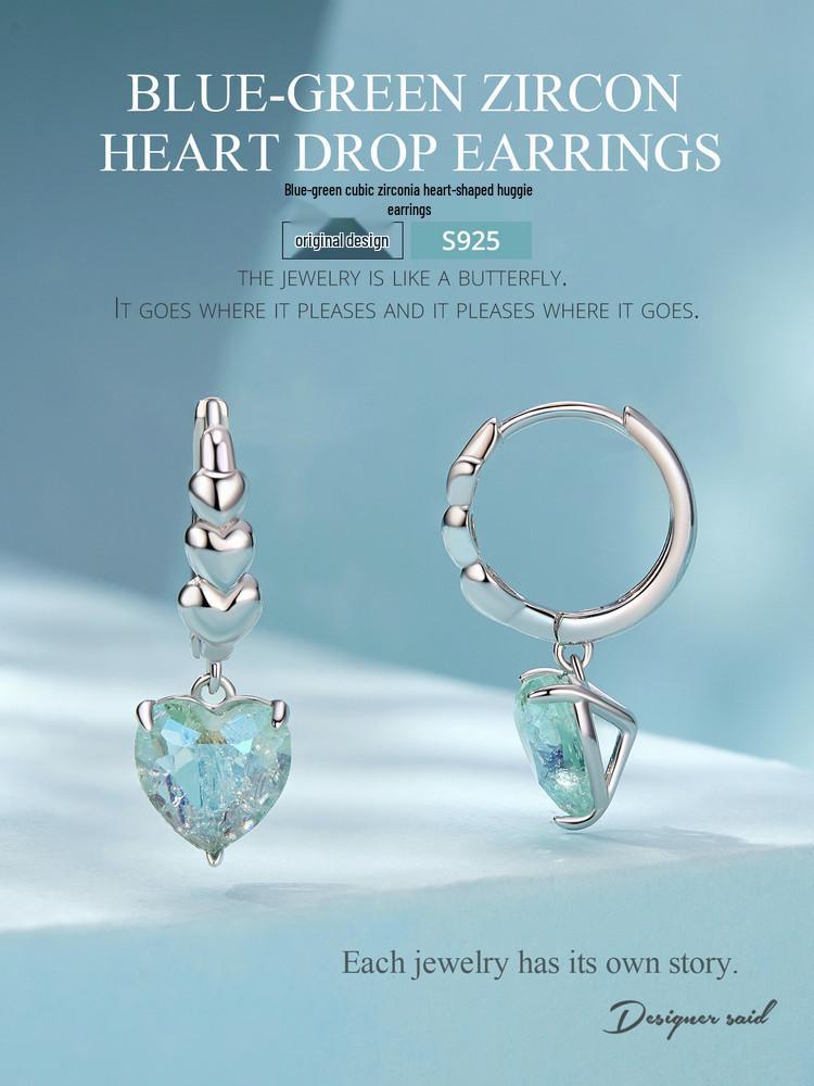 Avle Heart-Shaped Blue-Green Zircon Earrings In S925 Sterling Silver for Women