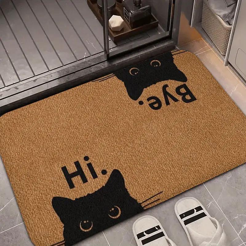 VIKAMA Doormat With ‘Hi’ And ‘Bye’ Text Adorable Black Cat Face Door Mat Machine Washable And Easy To Clean Home Decoration