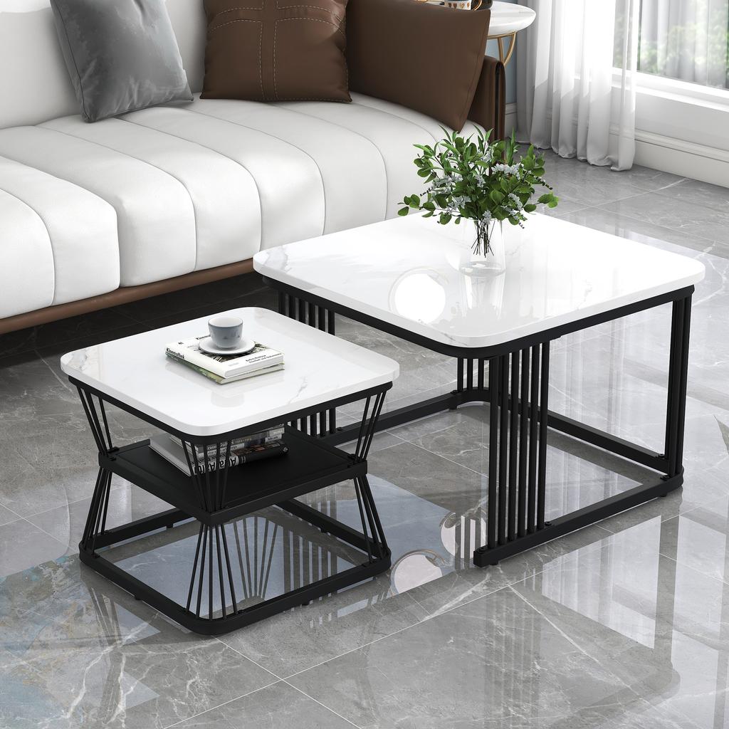 N625P173136Z)2-delat set moderna sidobord, MDF i marmorutseende, stålrör vit högglans svart, mått 65x65x45 cm och 45x45x39,5 cm