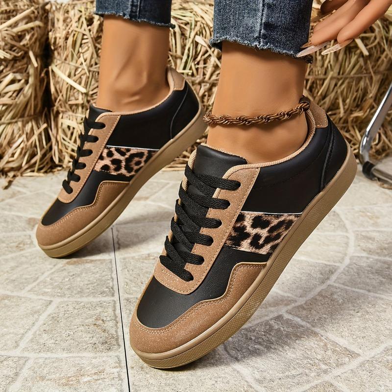 Women's Leopard Print Fashion Sneakers, Casual Lace-Up Low Top Shoes with Plain Toe, All-Season Man-Made Upper & Fabric Inner