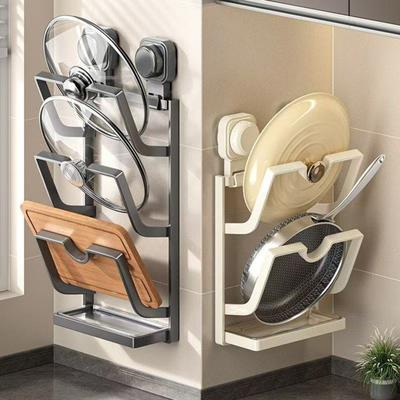 Wandmontierter Topfdeckelhalter Saugknopf Küchen-Topfdeckel-Organizer Pfannendeckel-Aufbewahrungsgestell mit abnehmbarer Abtropfschale für Schneidebrett